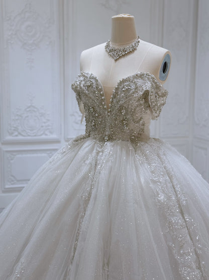 Stock Clearance! Bridal size 8! Custom-made off the shoulder crystal on beading lace princess ballgown sparkling wedding dress