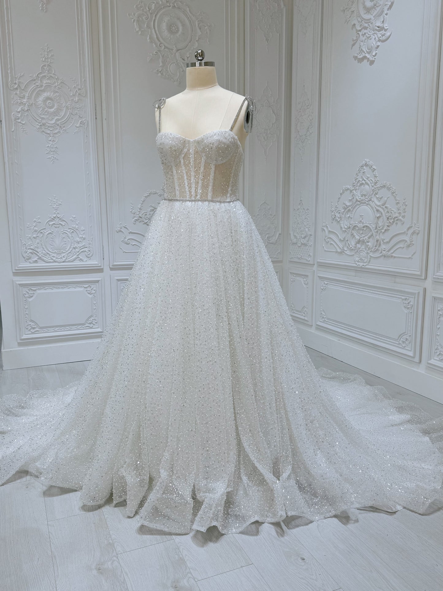 Stock clearance! Bridal size 12! White spaghetti strap sparkling Aline wedding dress