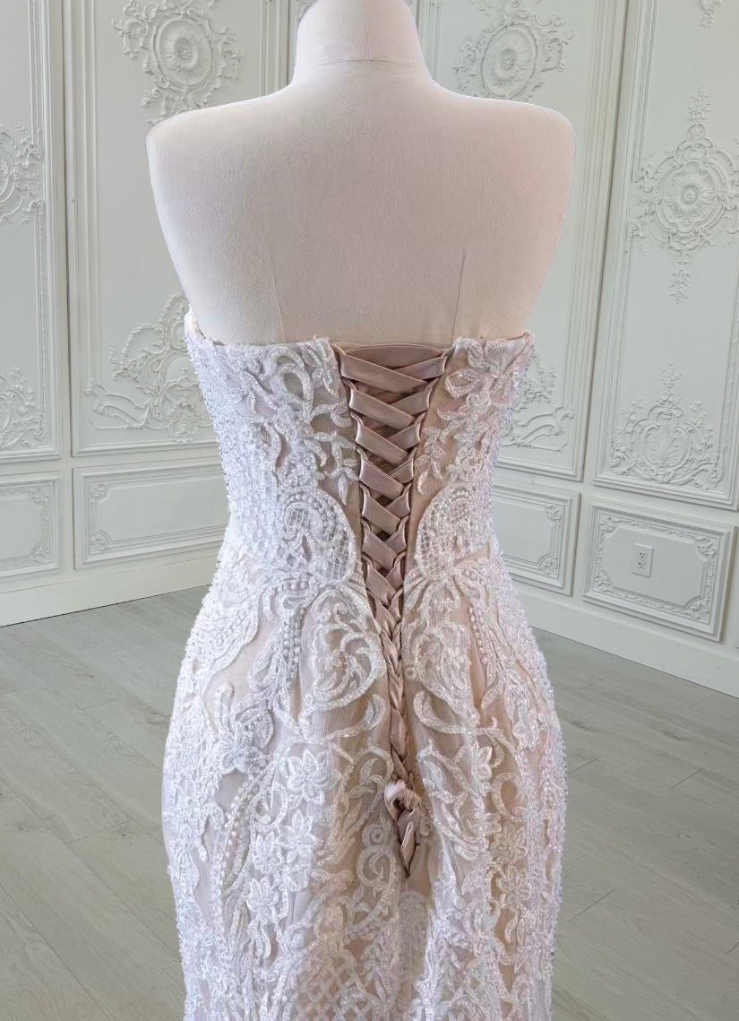 TBC-CM39 Custom-made champagne color off the shoulder lace embroidered mermaid wedding dress