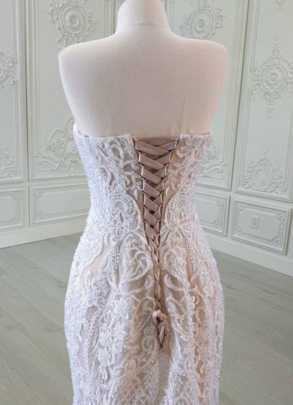 TBC-CM39 Custom-made champagne color off the shoulder lace embroidered mermaid wedding dress