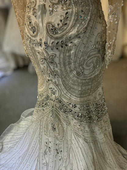 TBC-CM48 Custom-made luxury crystal beaded long sleeve mermaid wedding dress