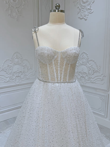 Stock clearance! Bridal size 12! White spaghetti strap sparkling Aline wedding dress