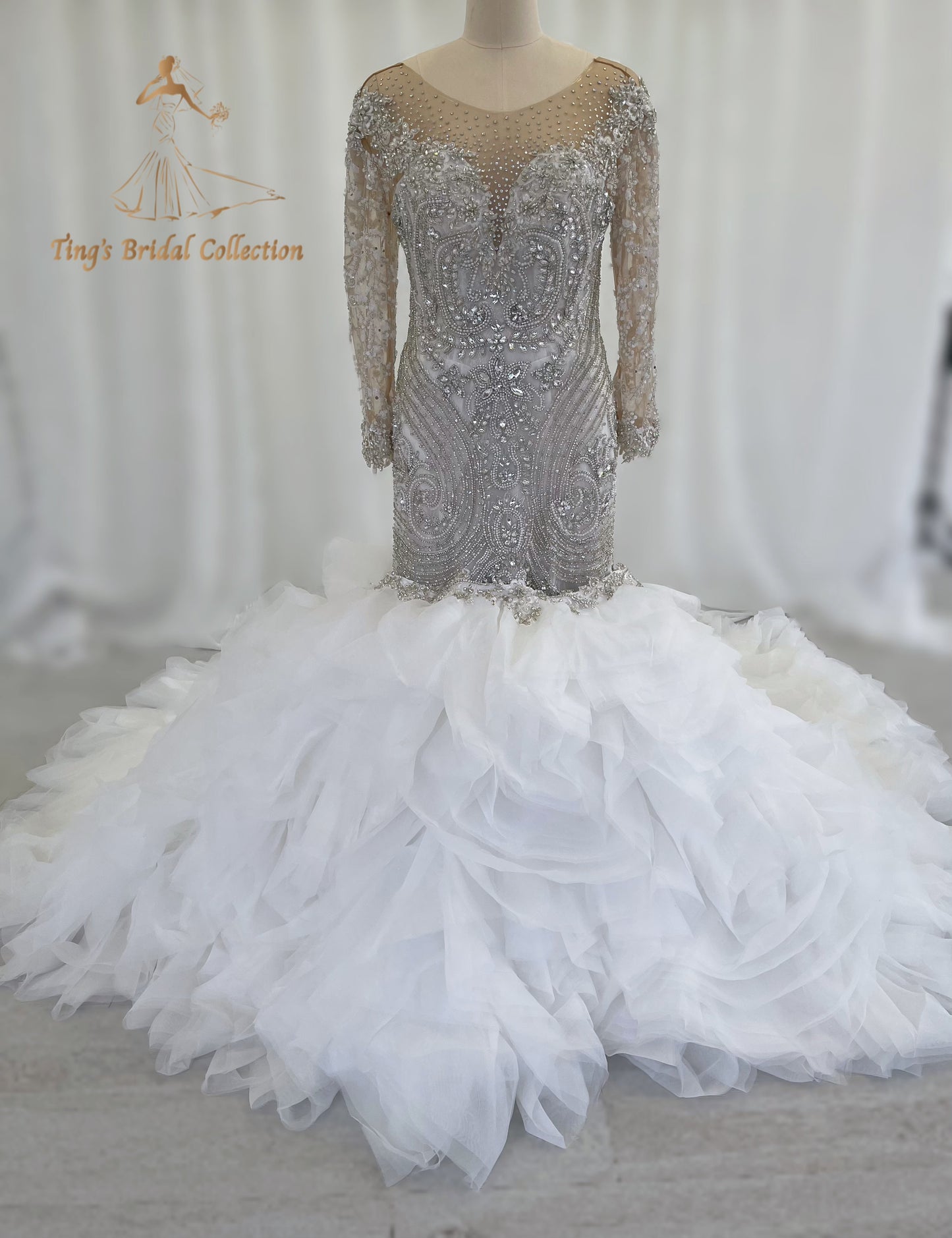 TBC-CM49 Custom-made fully crystal beaded long sleeve mermaid royal wedding dress with detachable ruffles skirt