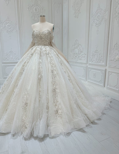 Stock Clearance! Bridal size 12! Champagne strapless/off the shoulder puffy long sleeve beaded 3D floral full ballgown fairy wedding dress