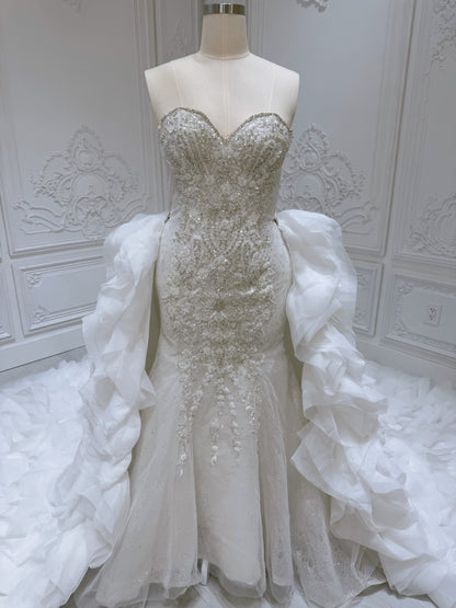 Stock Clearance! Bridal size 12! Custom-made off white beading strapless 2 in 1 look trumpet wedding dress with detachable ruffled skirt