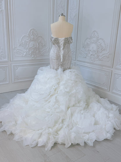 TBC-2IN1-003 Luxury crystal pearl beaded off the shoulder mermaid wedding dress with detachable ruffled skirt