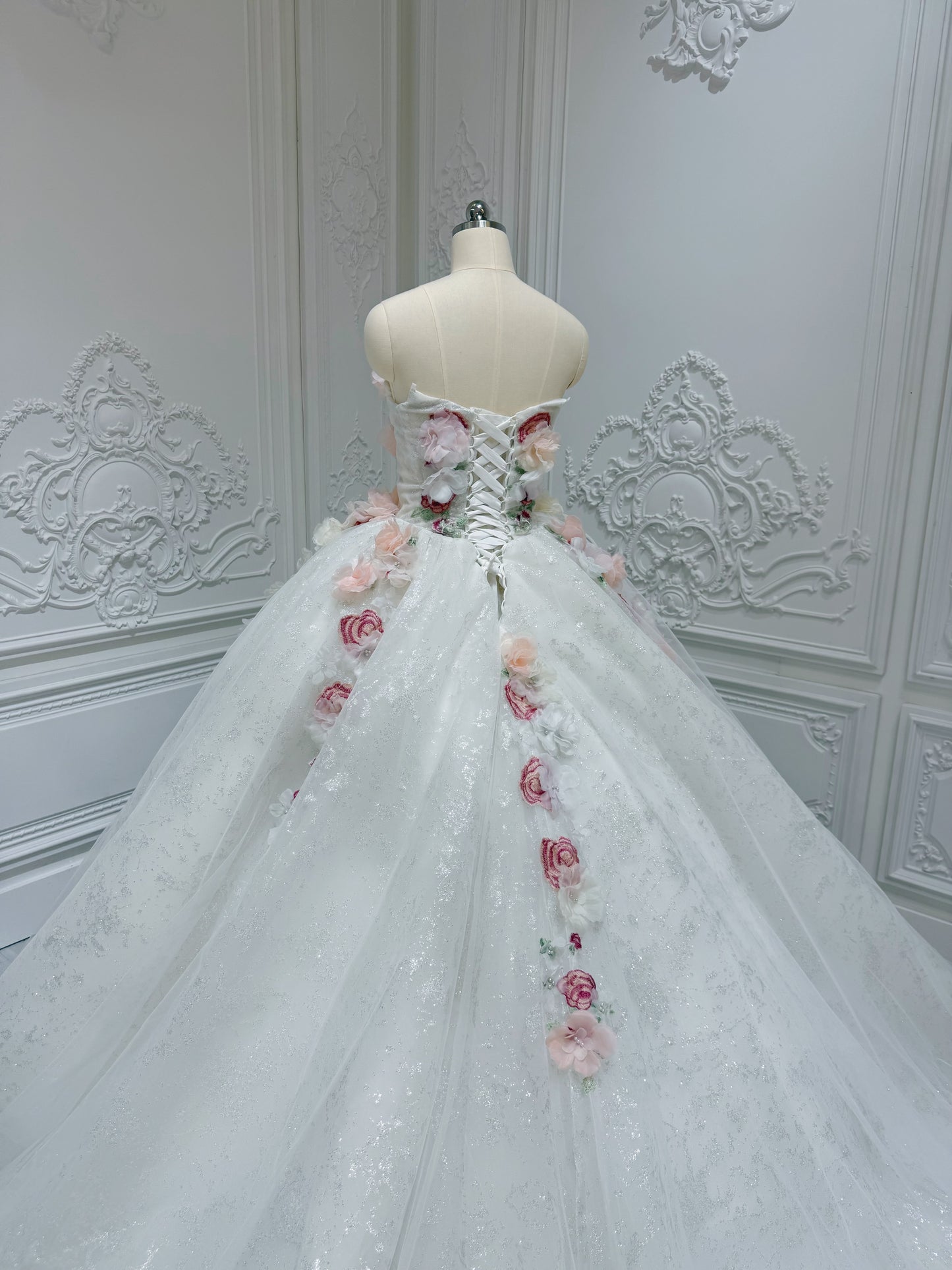 Stock clearance! Sparkling colorful 3D floral with lace embroidered strapless fairy ballgown wedding dress/Quinceanera dress/ Sweet 16 dress - Ting's Bridal Collection