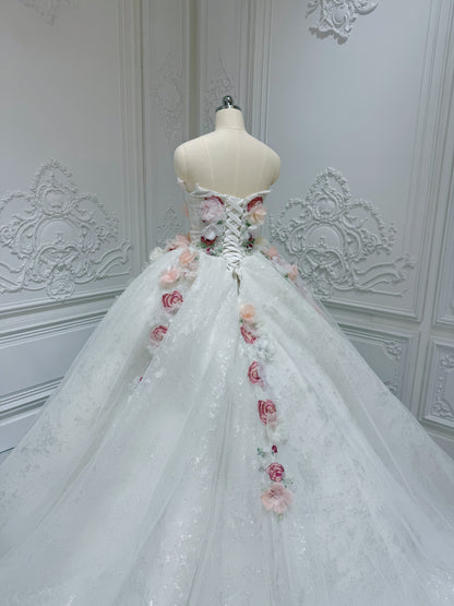 Stock clearance! Sparkling colorful 3D floral with lace embroidered strapless fairy ballgown wedding dress/Quinceanera dress/ Sweet 16 dress - Ting's Bridal Collection