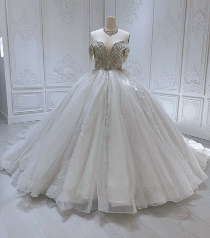 Stock Clearance! Bridal size 8! Custom-made off the shoulder crystal on beading lace princess ballgown sparkling wedding dress