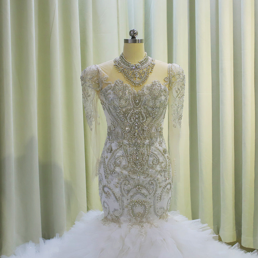 TBC-CM006  Luxury crystal beading long sleeve mermaid royal wedding dress with ruffles skirt - Ting's Bridal Collection