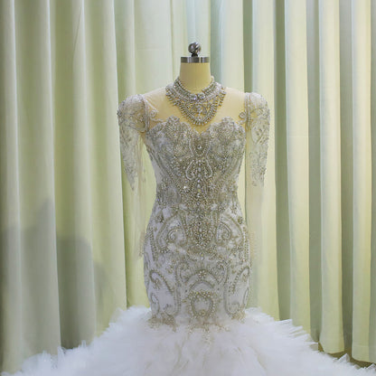 TBC-CM006  Luxury crystal beading long sleeve mermaid royal wedding dress with ruffles skirt - Ting's Bridal Collection