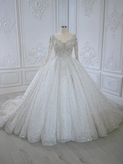TBC-B005 Off white luxury beading long sleeve with plunge sparkling princess ballgown wedding dress