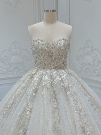 Stock Clearance! Bridal size 12! Champagne strapless/off the shoulder puffy long sleeve beaded 3D floral full ballgown fairy wedding dress