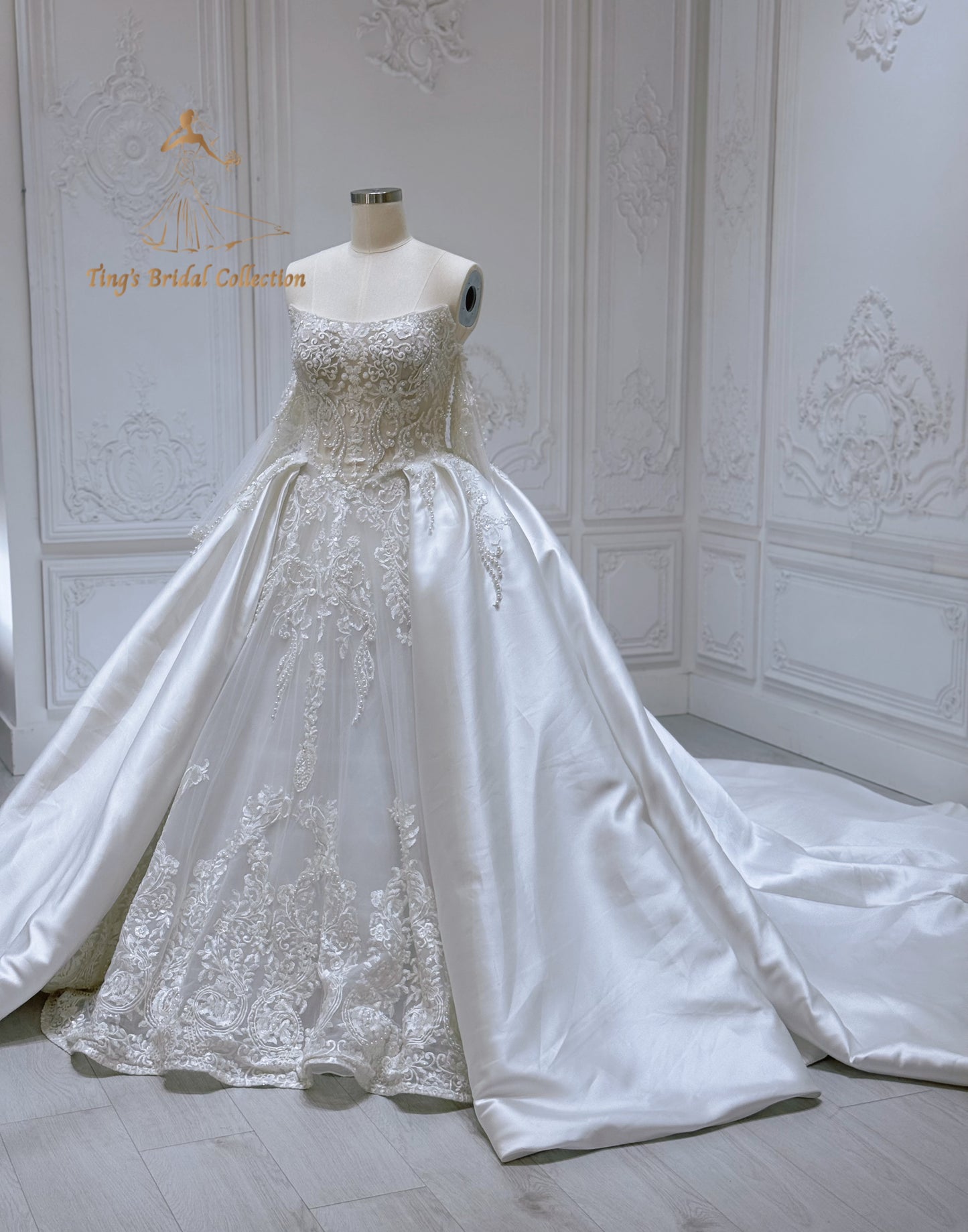 Stock of pearl beaded lace satin ballgown wedding dress