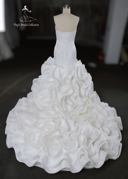 TBC-CM33 Custom-made strapless white satin mermaid wedding dress with ruffles skirt