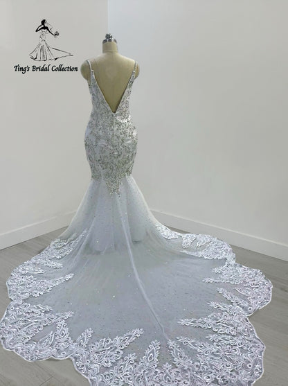 TBC-M045 Made to order lace embroidered with crystal beaded mermaid wedding dress