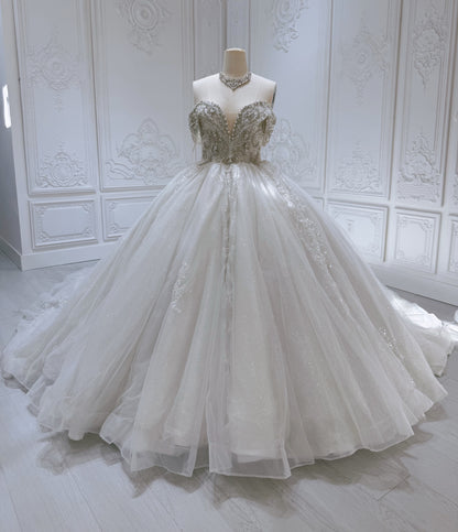 Stock Clearance! Bridal size 8! Custom-made off the shoulder crystal on beading lace princess ballgown sparkling wedding dress