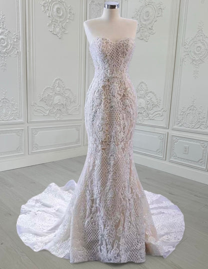TBC-CM39 Custom-made champagne color off the shoulder lace embroidered mermaid wedding dress