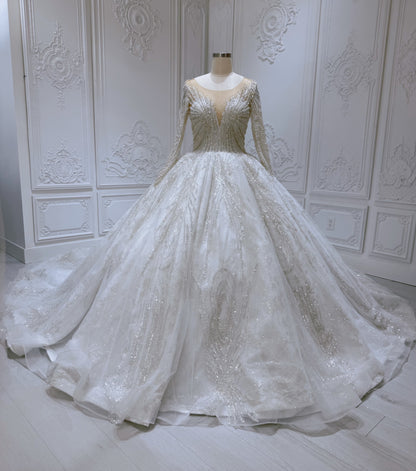 Stock Sale! Bridal size 12! Luxury crystal beading sparkling long sleeve with Deep V princess ballgown royal wedding dress - Ting's Bridal Collection