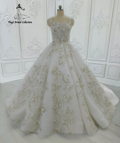 Custom-made white sparkling gown with champagne 3D floral embroidered square neck Aline wedding dress - Ting's Bridal Collection