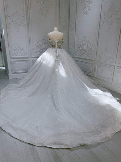 Stock Clearance! Bridal size 8! Custom-made off the shoulder crystal on beading lace princess ballgown sparkling wedding dress