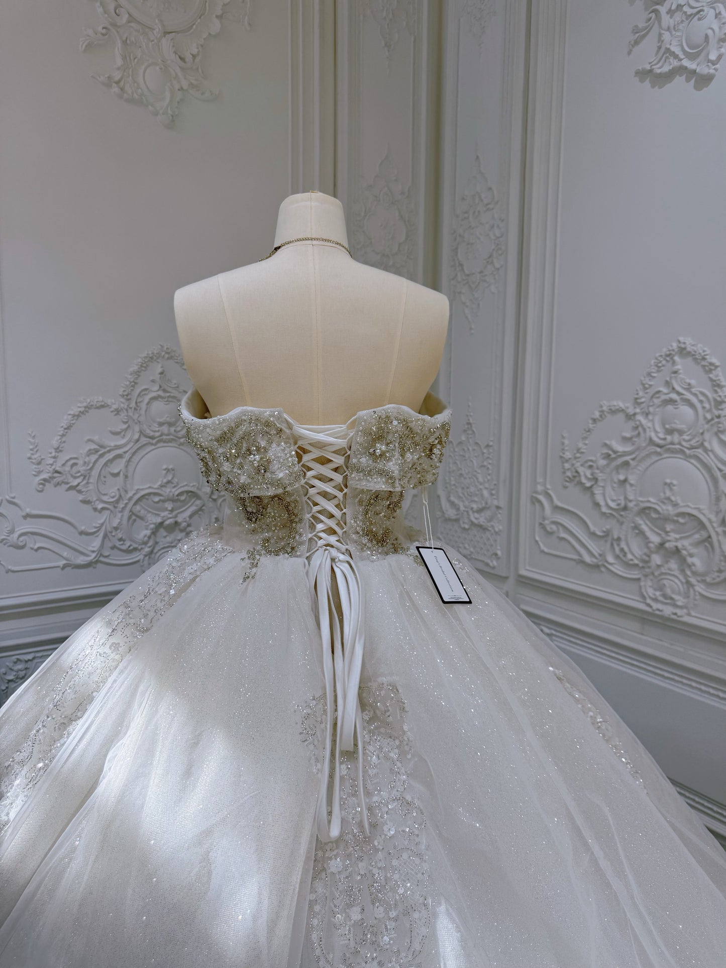 Stock Clearance! Bridal size 8! Custom-made off the shoulder crystal on beading lace princess ballgown sparkling wedding dress