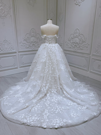 TBC-2IN1-002  Stock of White 3D floral off the shoulder 2 in 1 split mermaid wedding dress with detachable skirt