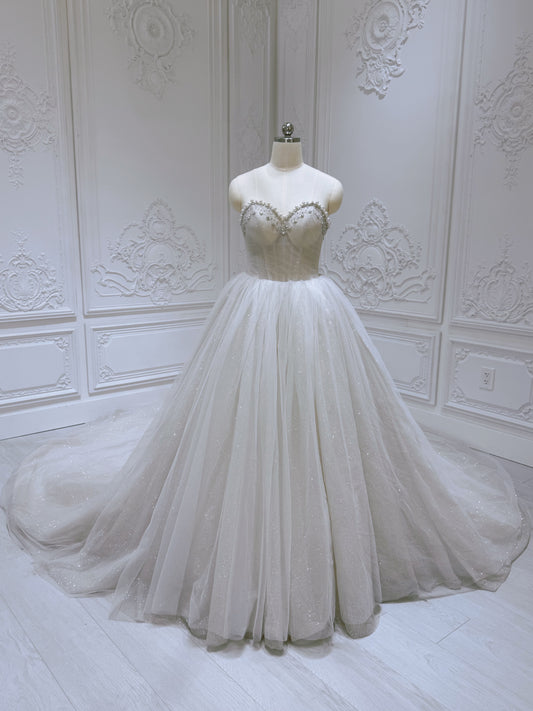 Stock Clearance! Strapless Ivory sparkling tulle Aline/ballgown wedding dress