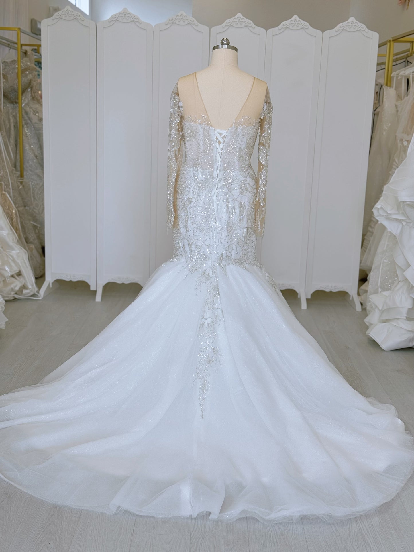 TBC-CM37 Custom-made luxury crystal with beading long sleeve sparkling mermaid wedding dress