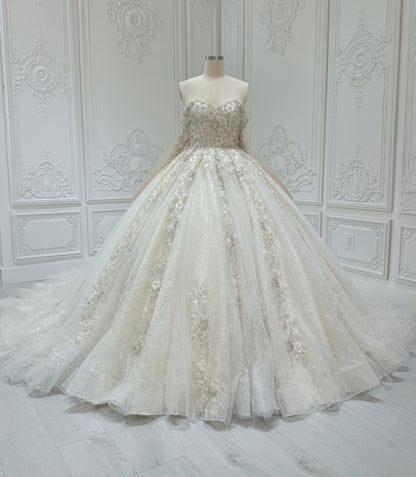 Stock Clearance! Bridal Size 12! Champagne color sparkling 3D floral lace princess ballgown fairy wedding dress with detachable cape