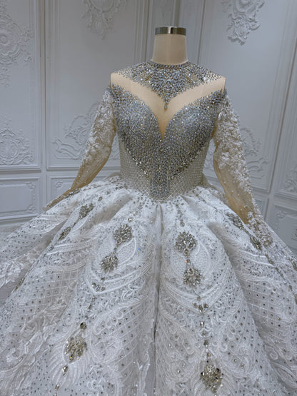 Stock Clearance! Bridal Size 12! Luxury crystal beaded with lace embroidered sparkling long sleeve high neck royal wedding dress
