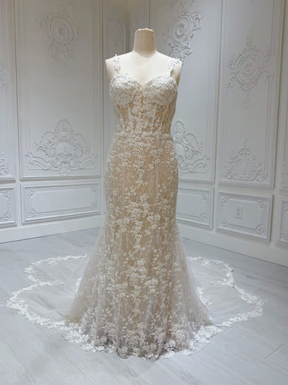 Custom-made ivory floral beading mermaid wedding dress with floral shaped train - Ting's Bridal Collection
