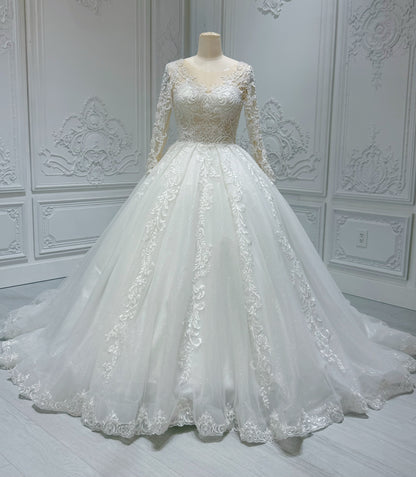TBC-CM38 Custom-made white color beading&lace embroidered long sleeve classic princess ballgown royal wedding dress