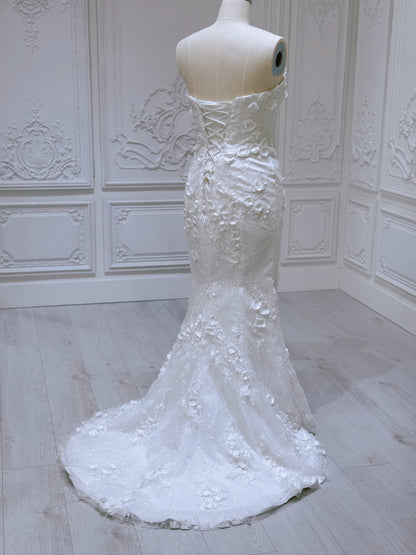 TBC-2IN1-002  Stock of White 3D floral off the shoulder 2 in 1 split mermaid wedding dress with detachable skirt