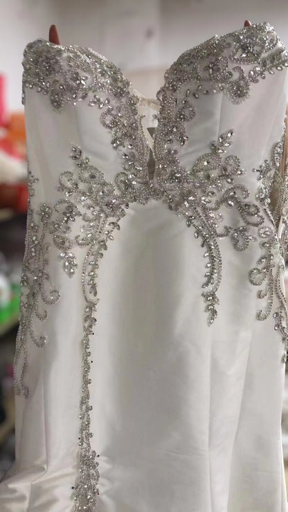 TBC-CM30 Custom-made luxury beading crossed one shoulder with long sleeve 2 in 1 style royal wedding dress with detachable skirt