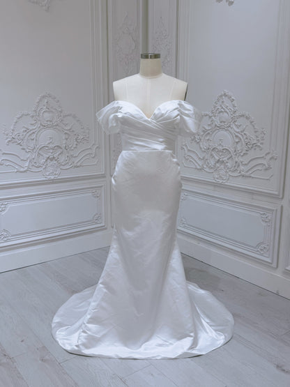 Stock Clearance! Bridal size 12! White satin off the shoulder pleated 2 in 1 style mermaid wedding dress with detachable skirt