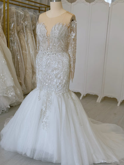 TBC-CM37 Custom-made luxury crystal with beading long sleeve sparkling mermaid wedding dress
