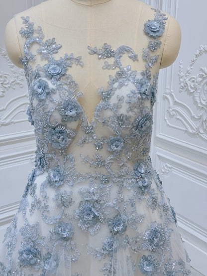 TBC-CM35 Custom-made blue 3D floral appliqué embroidered sparkling Aline wedding dress