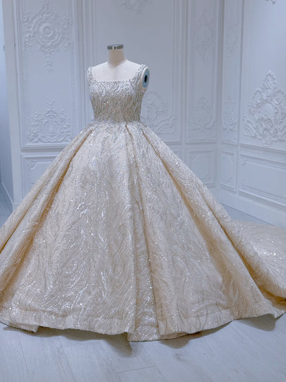 Stock Clearance! Bridal Size 10! Champagne color luxury beading square neck sparkling princess ballgown royal wedding dress