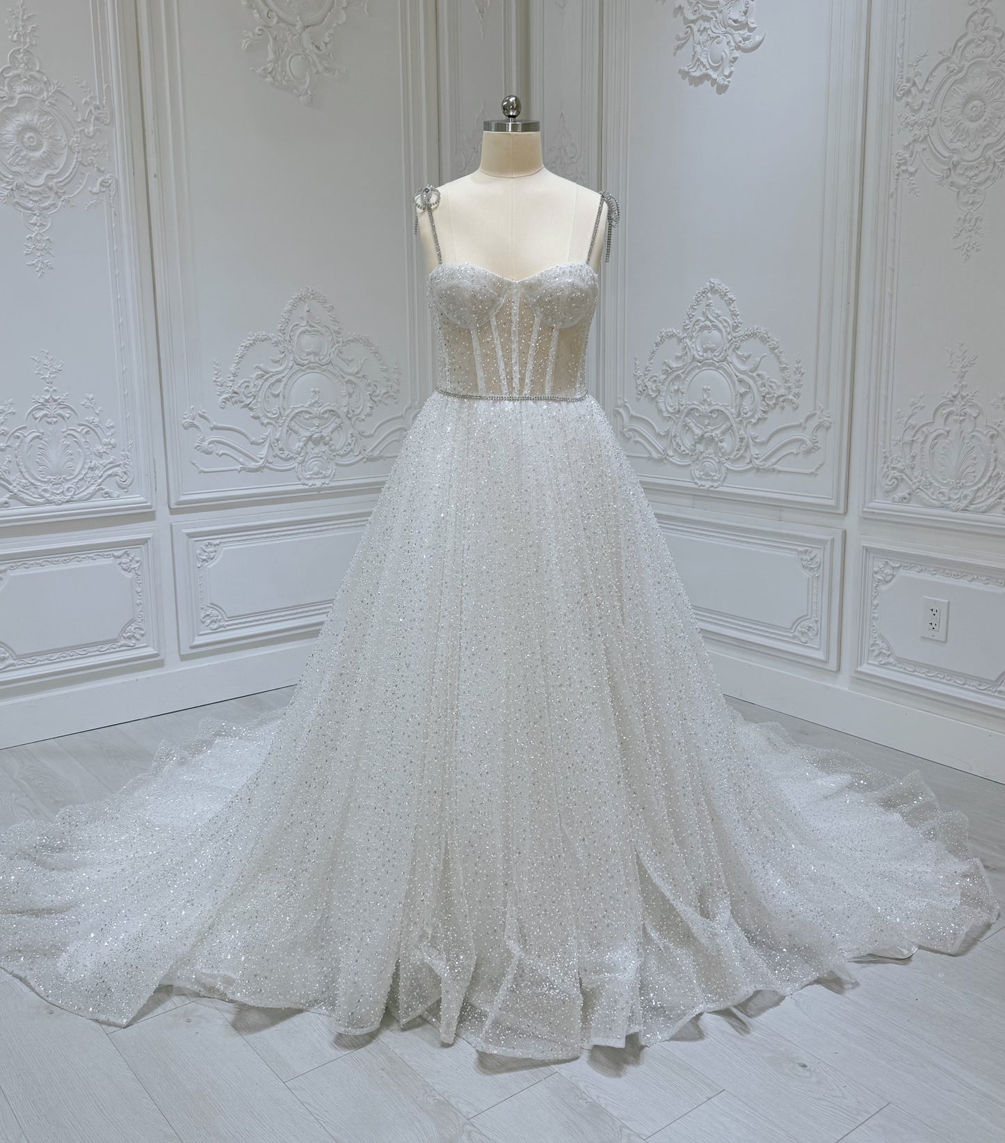 Stock clearance! Bridal size 12! White spaghetti strap sparkling Aline wedding dress