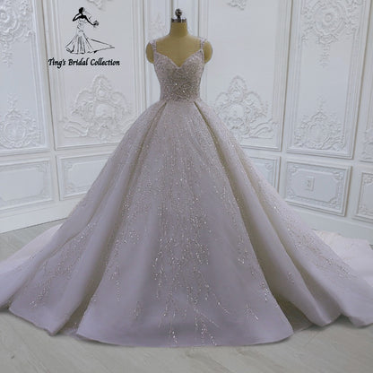 TBC-CM43 Custom-made beading lace embroidered strapped princess ballgown sparkling wedding dress