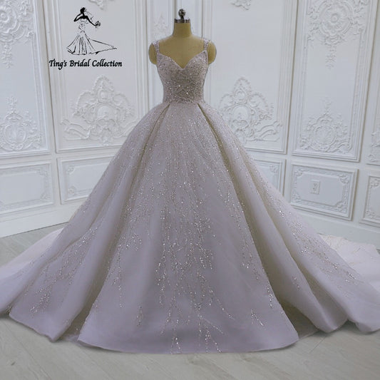 Custom-made beading lace embroidered strapped princess ballgown sparkling wedding dress