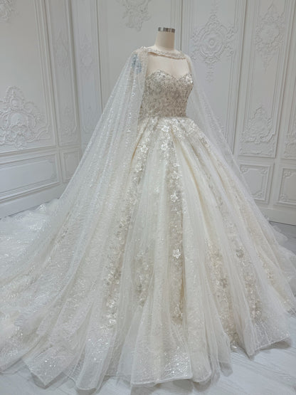 Stock Clearance! Bridal Size 12! Champagne color sparkling 3D floral lace princess ballgown fairy wedding dress with detachable cape