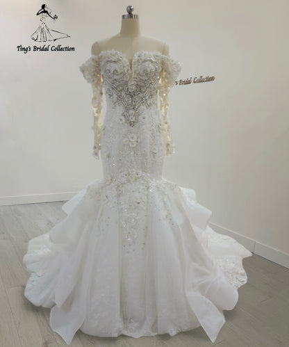 TBC-CM28 Made to order crystal beading with3D floral 2 in 1 style mermaid wedding dress with detachable ruffled skirt