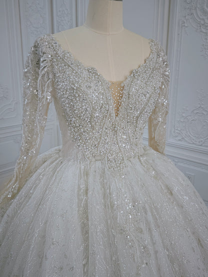 TBC-B005 Off white luxury beading long sleeve with plunge sparkling princess ballgown wedding dress
