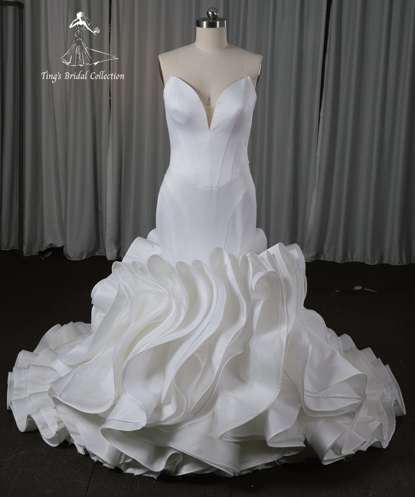 TBC-CM33 Custom-made strapless white satin mermaid wedding dress with ruffles skirt