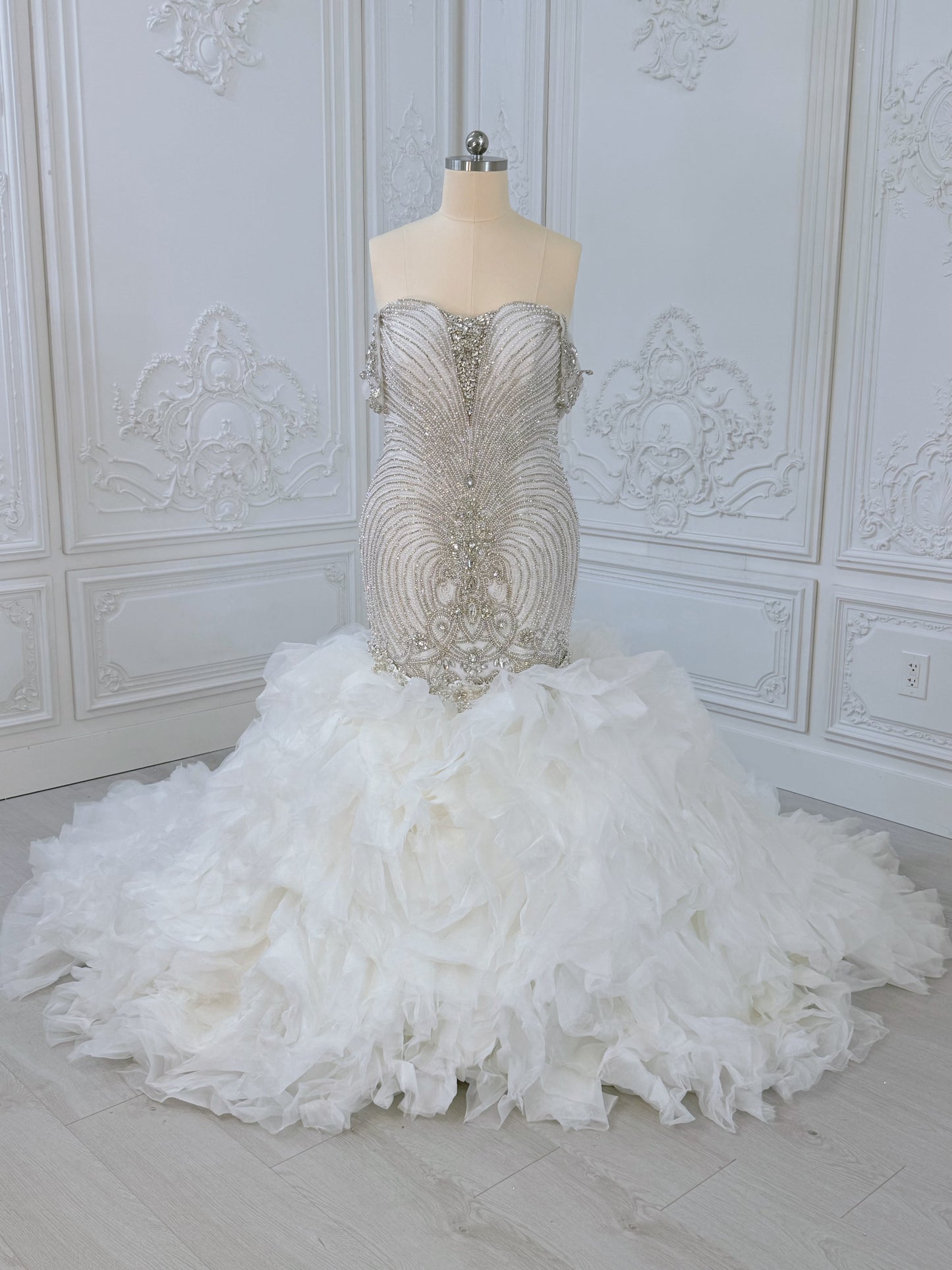 TBC-2IN1-003 Luxury crystal pearl beaded off the shoulder mermaid wedding dress with detachable ruffled skirt