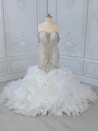 TBC-2IN1-003 Luxury crystal pearl beaded off the shoulder mermaid wedding dress with detachable ruffled skirt
