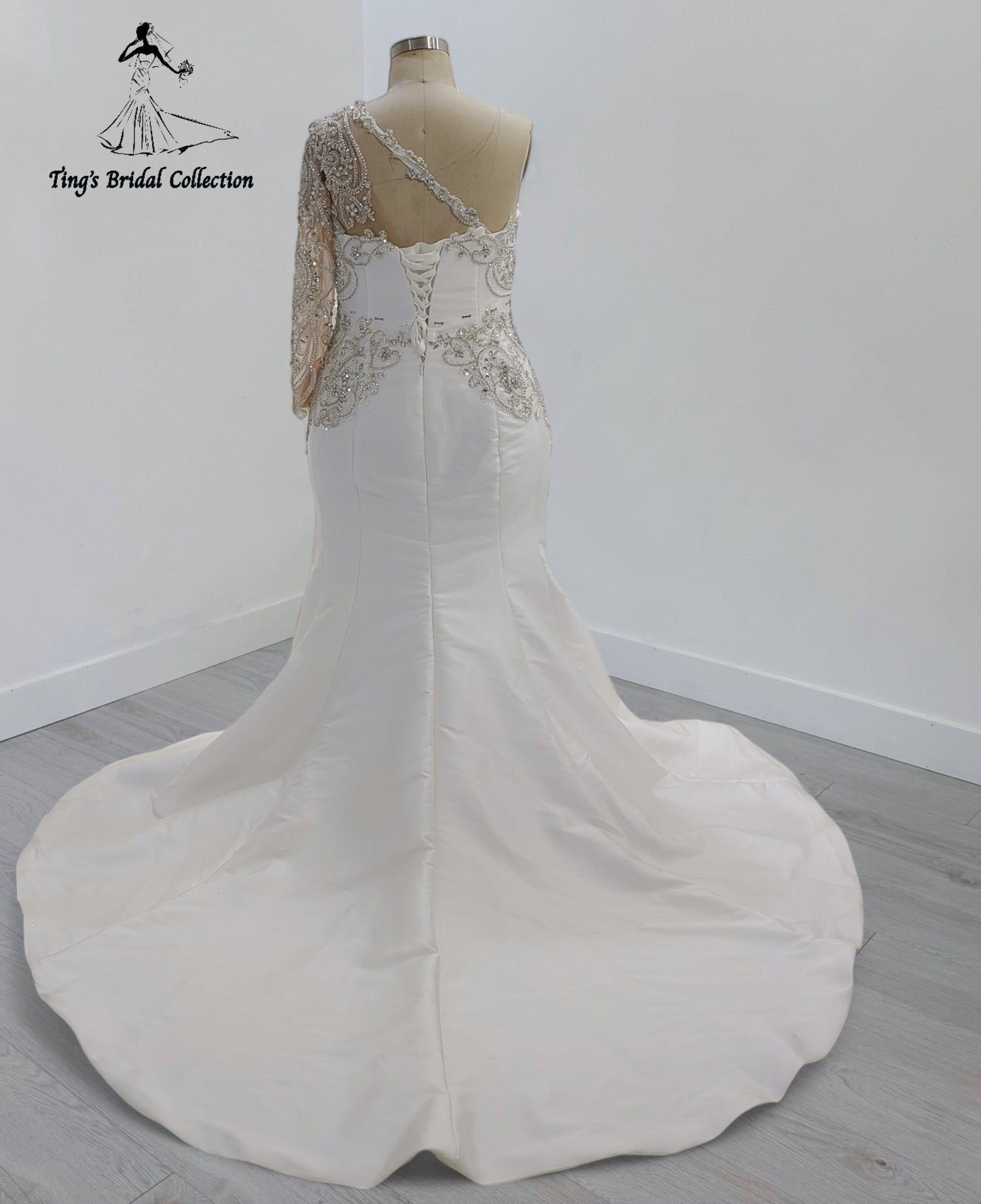 TBC-CM30 Custom-made luxury beading crossed one shoulder with long sleeve 2 in 1 style royal wedding dress with detachable skirt