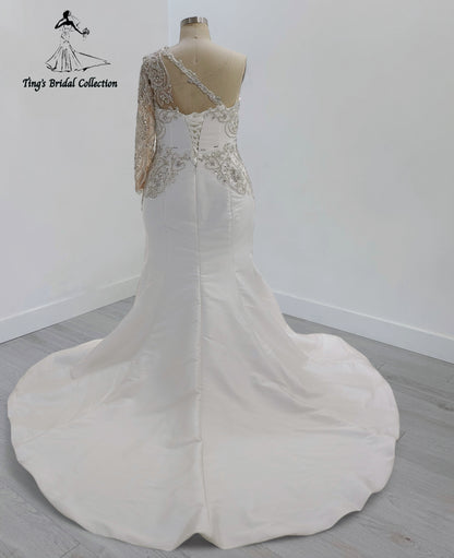 TBC-CM30 Custom-made luxury beading crossed one shoulder with long sleeve 2 in 1 style royal wedding dress with detachable skirt